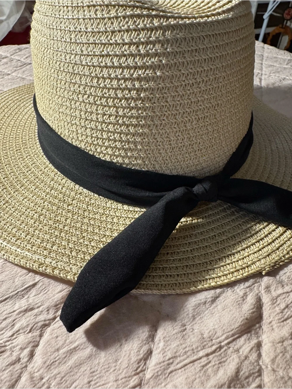 fabkids Beige Straw Sun Hat with Black Bow